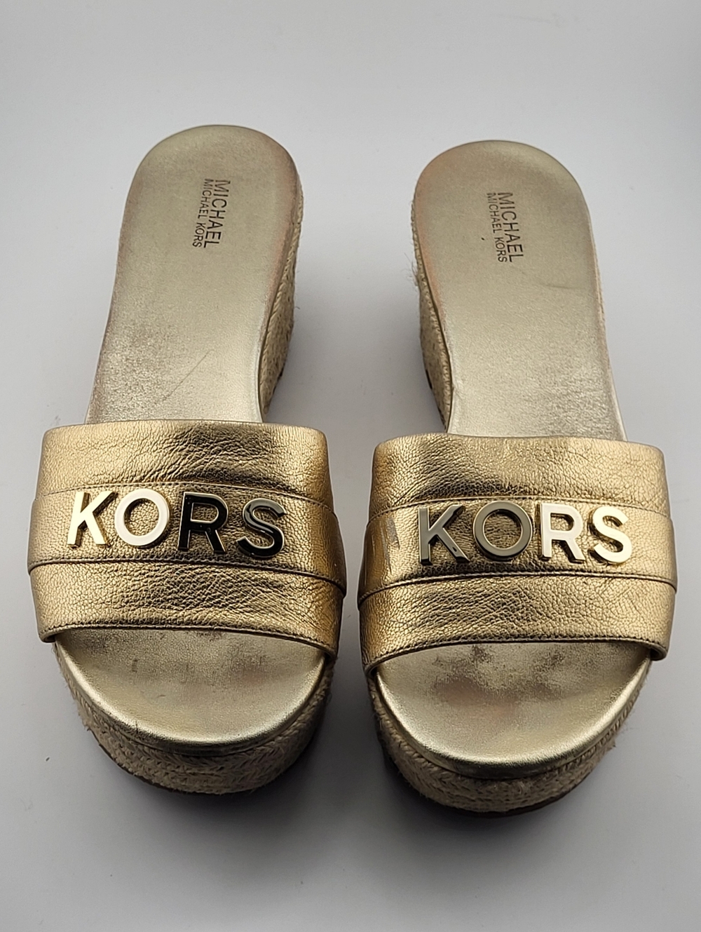 Michael Kors Metallic Gold Espadrille Platform Slide Sandals Leather Upper 9M - Picture 7 of 10